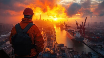 Fototapeta premium industrial port scene at golden hour silhouette of engineer overlooking bustling dockyard massive container ships and cranes creating dramatic skyline