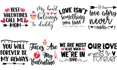 Modern Valentine Day Quotes, Hand Lettering Set Vector Illustration for Postcard, Social Media Post, Vouchers