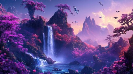 Fototapeta premium Vibrant landscape featuring neon strange trees, beautiful flowers, and a waterfall on a mountain, with birds flying against a dynamic futuristic background