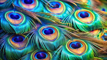Obraz premium Close-up of peacock feathers displaying vibrant iridescent colors, showcasing the beauty of bird nature