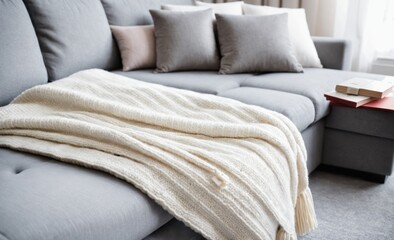 Soft Beige Blanket and Pastel Pillows on a Modern Grey Sofa