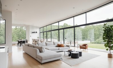 Fototapeta premium Spacious Modern Living Room with Large Windows and Comfortable Seating