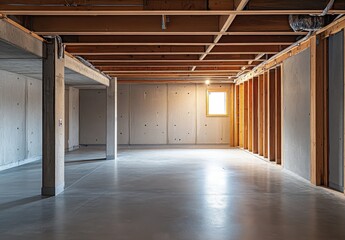 Fototapeta premium Unfinished Basement Interior with Wooden Beams and Concrete Floor