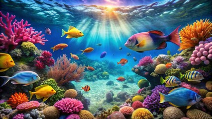 Vibrant underwater paradise featuring colorful fish and coral, showcasing the beauty of marine life in a tropical reef setting