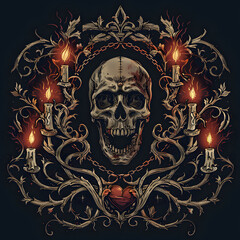Obraz premium Skull and Sacred Heart chain and candles black and white illustration