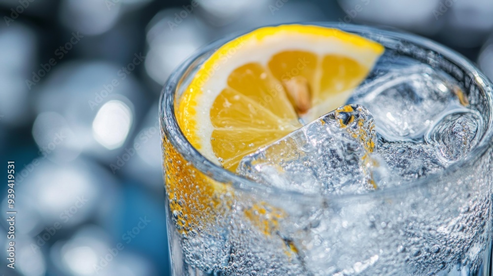 Poster detailed view of a refreshing glass of iced water with a slice of lemon and ice cubes