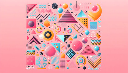 A playful pink background with geometric shapes and patterns in a Memphis Design style