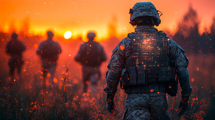 Modern Warfare Communication: Soldiers with Advanced Tactical Gear and Encrypted Digital Overlays