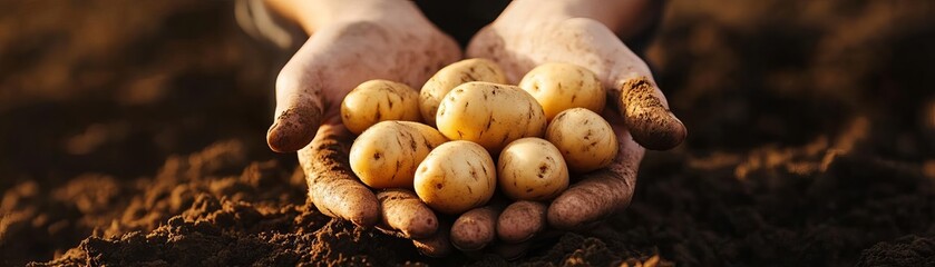 A pile of freshly dug potatoes, rich earth tones, hands of a farmer gently holding them, detailed textures, Harvest Festival, symbol of agricultural bounty
