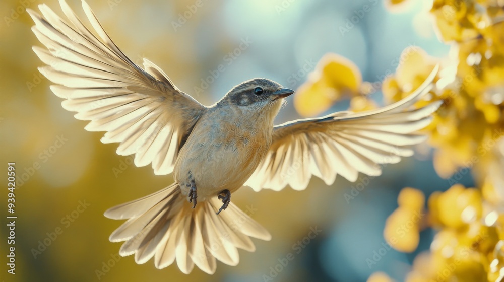 Poster detailed view of a soaring bird with outstretched wings, capturing its feather details in flight