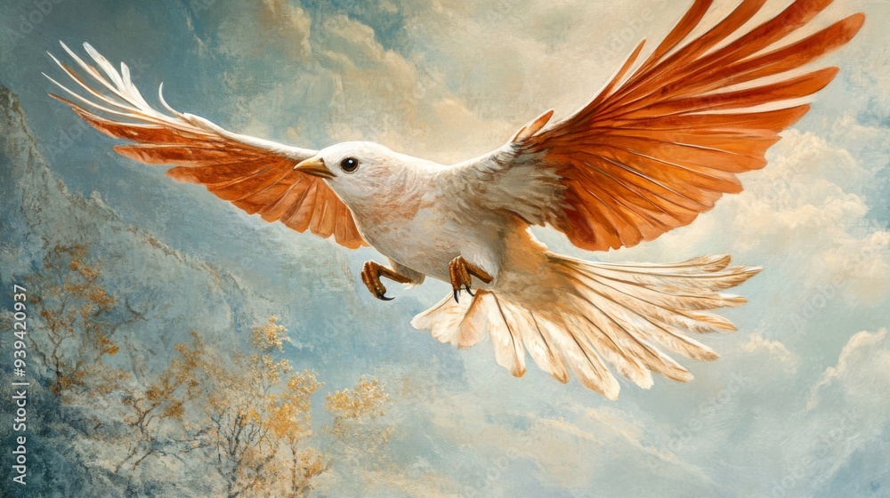 Poster detailed view of a soaring bird with outstretched wings, capturing its feather details in flight