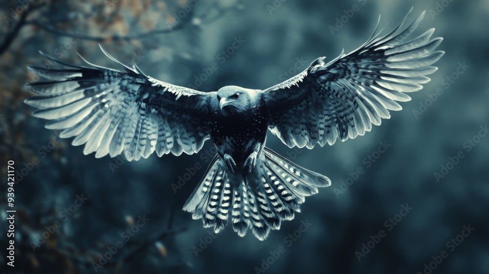 Poster detailed view of a soaring bird with outstretched wings, capturing its feather details in flight