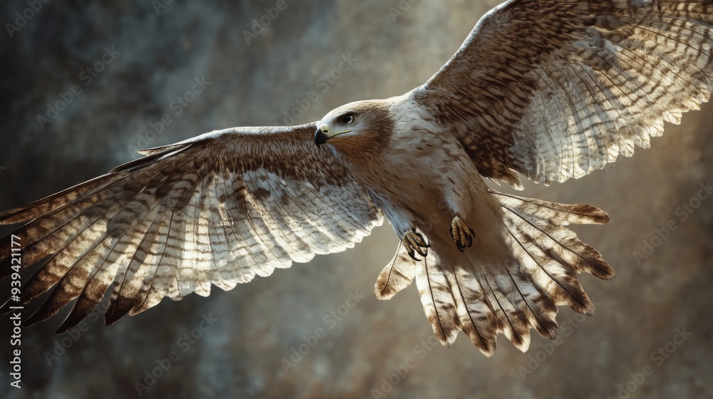 Poster detailed view of a soaring bird with outstretched wings, capturing its feather details in flight