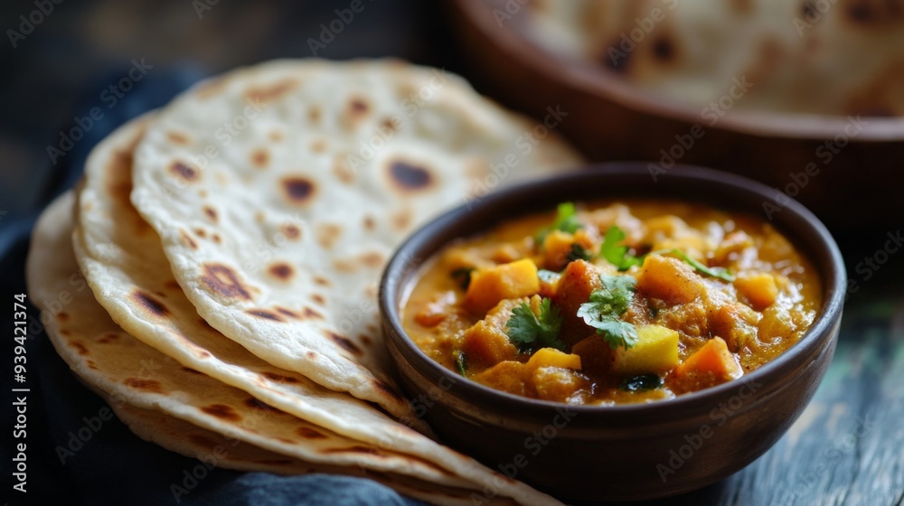 Poster Detailed view of a soft, pliable roti with a slightly toasted surface, served with a bowl of spicy vegetable curry