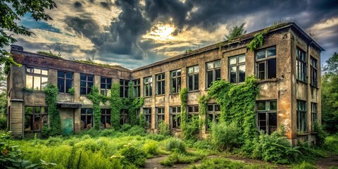Eerie and desolate abandoned building with broken windows and overgrown vegetation