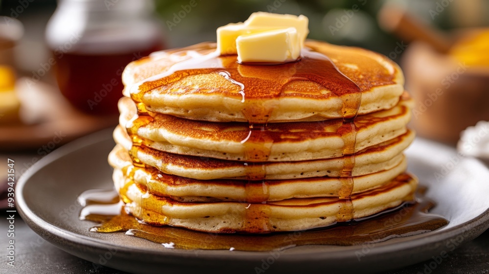 Poster detailed view of a stack of fluffy american pancakes with maple syrup and butter