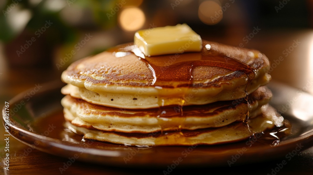 Poster Detailed view of a stack of fluffy American pancakes with maple syrup and butter