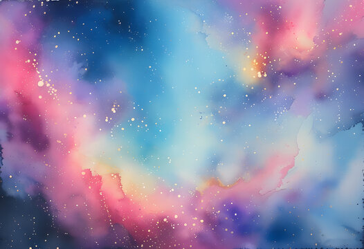 Abstract watercolor paintings in shades of pink, purple and blue evoke the universe or the night sky