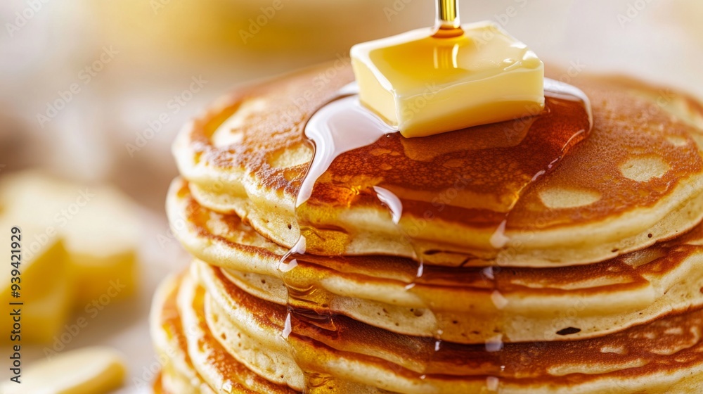 Poster Detailed view of a stack of fluffy American pancakes with maple syrup and butter