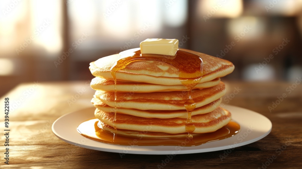 Poster detailed view of a stack of fluffy american pancakes with maple syrup and butter