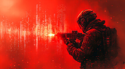 Fototapeta premium Cybersecurity Threat: Hacker Launching Digital Attack on City Skyline with Binary Code Invasion
