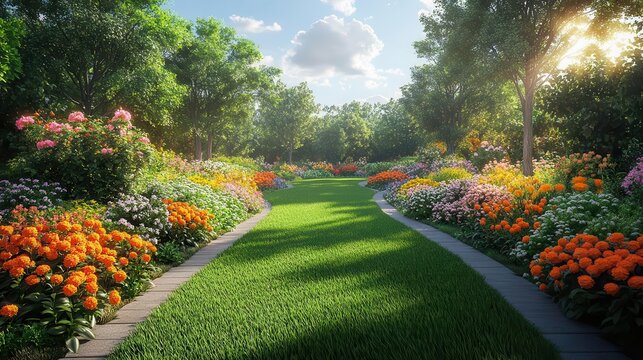 lush spring garden paradise vibrant flower beds manicured lawn sunlit 3d landscape illustration