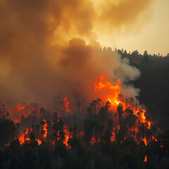 Obraz premium Forest Fire Raging Through a Dense Forest Under a Smoky Sky