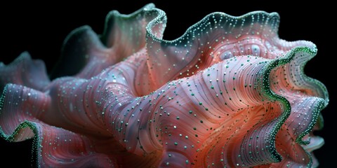 Artistic close-up of a digitally generated, abstract organic form with a soft, pink and green color palette, resembling a coral or sea creature on black, 3D shape