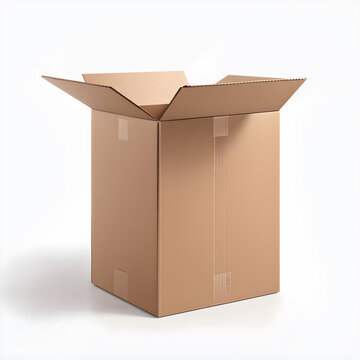 Caixa de papel&atilde;o alta aberta e vazia em fundo branco