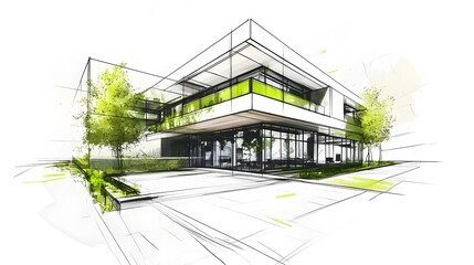 Fototapeta premium A sketch of an eco-friendly building with green glass walls, white background, green color palette, architectural drawing style, sketchy lines
