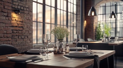 Stylish Modern Dining Area Poster: Elegant Wooden Table for Two with Place Settings, Set Against Exposed Brick and Industrial Windows - Perfect for Chic Home Decor!