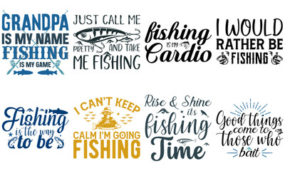 Fototapeta premium Modern Fishing Phrases, Typographic Emblems Bundle Vector Illustration for Flyer, Logo, Gift Card