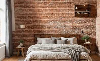 Naklejka premium Rustic Bedroom with Exposed Brick Wall and Cozy Bedding