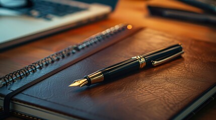 Elegant fountain pen placed on a leather-bound notebook with a spiral notepad in the background, evoking a professional and classic vibe.