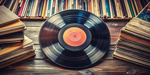 Fototapeta premium Vintage vinyl record surrounded by a collection of classic albums representing a nostalgic music concept retro