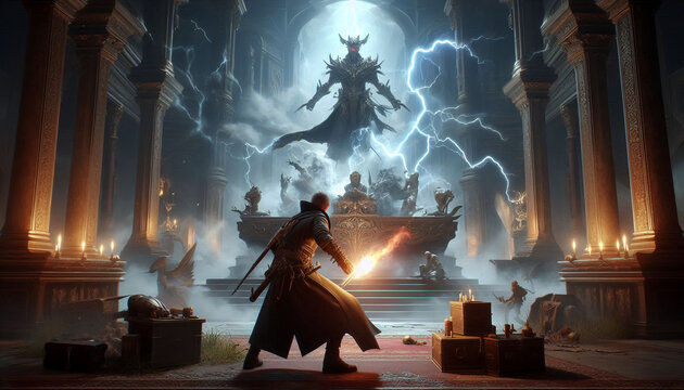 Fototapeta rpg 3d game scene with hero character fighting a monster inside a temple