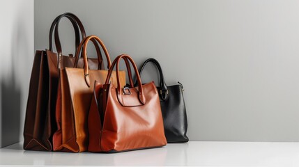 Elegant leather handbags in various shades displayed against a neutral background, showcasing sleek and stylish fashion accessories.