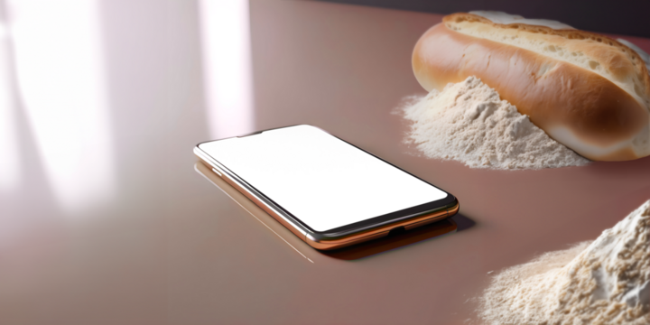Template de celular com tela transparente para padarias. Celular sobre mesa de vidro ao lado de pão e farinha de trigo. - Powered by Adobe