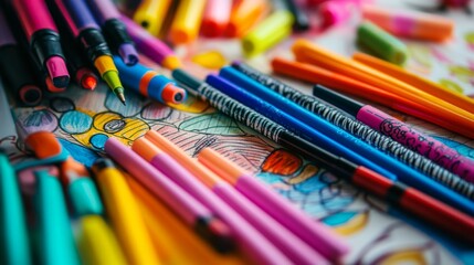 Detailed view of colorful pens and markers scattered on a sketchbook, with a variety of vibrant colors and artistic tools