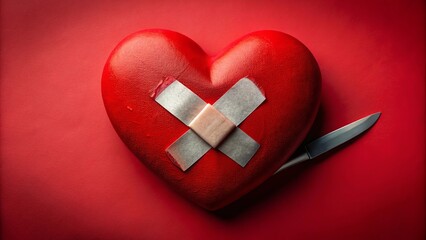 A broken red heart with plaster bandages, stitches, and a knife stabbed in the center symbolizing heartbreak healing on a red background