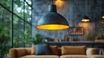 Modern industrial pendant lamp illuminating cozy living room with large windows and plants