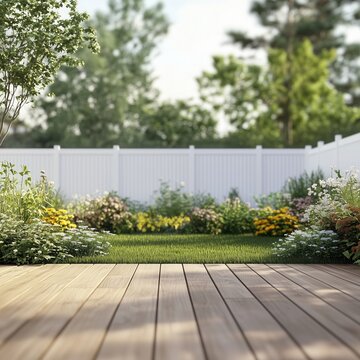 Backyard with wooden flooring, garden with white fence on background