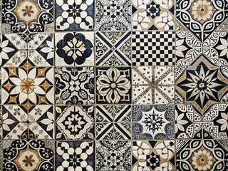 Boldly contrasting black and white tiles intersect with geometric Portuguese patterns, industrial textures, and striking design, creating a vibrant urban landscape.