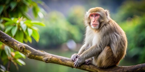 Japanese macaque sitting peacefully on a tree branch in nature, wildlife primate in Japan