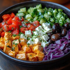 Closeup of a Delicious Salad with Feta Cheese, Olives, Red Onion, Tomatoes, and Cucumber - Food Photography