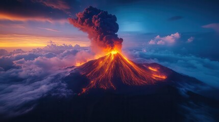 majestic erupting volcano fiery lava billowing ash cloud