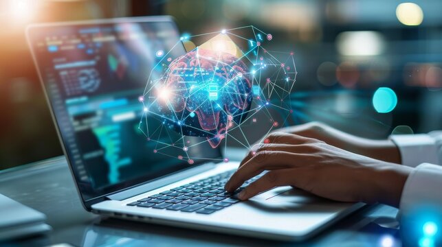 E learning technology concept. AI and machine learning enhance personalised learning. Technology course, teaching, business training. e-learning, online education, education, internet learning.