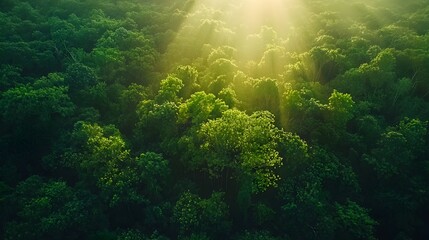 Obraz premium Aerial View of Lush Green Forest with Sunlight Filtering Through Canopy