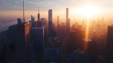Fototapeta premium Breathtaking Aerial View of Vibrant City Skyline at Magical Sunrise Moment