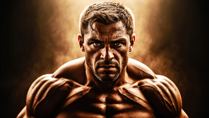 Strong athletic man showing muscular body with copy space banner concept
